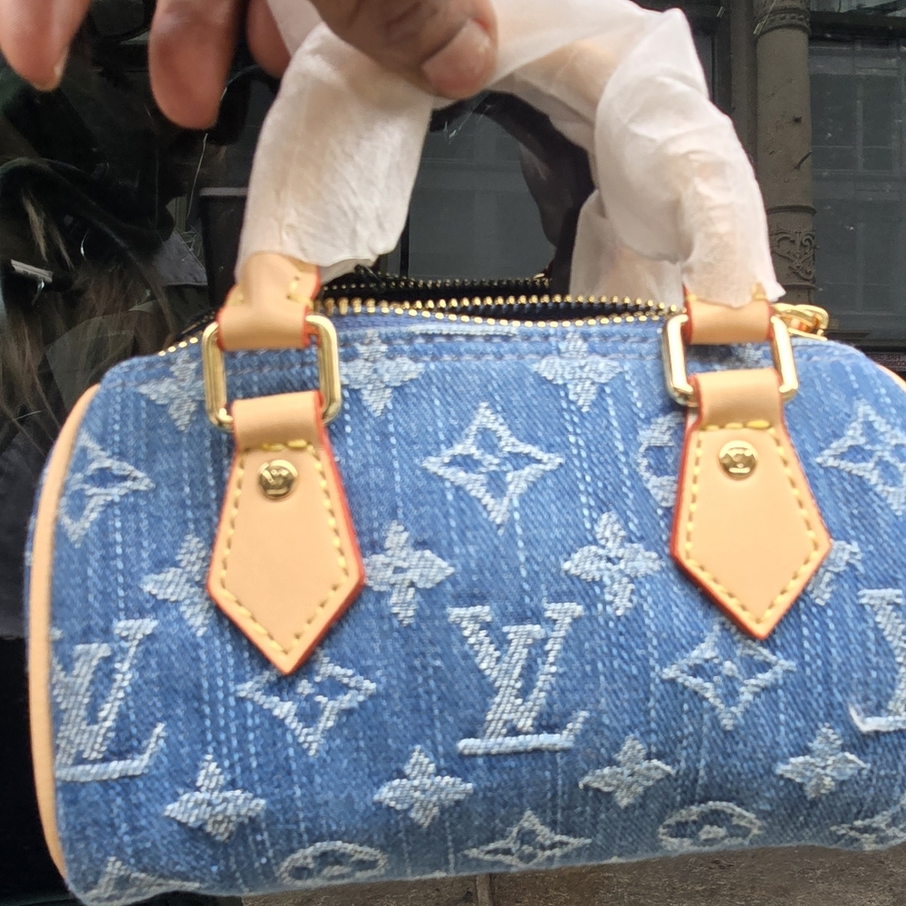 Blue Denim Monogram Micro Mini Bag with Tan Leather Trim - Picture 7 of 14